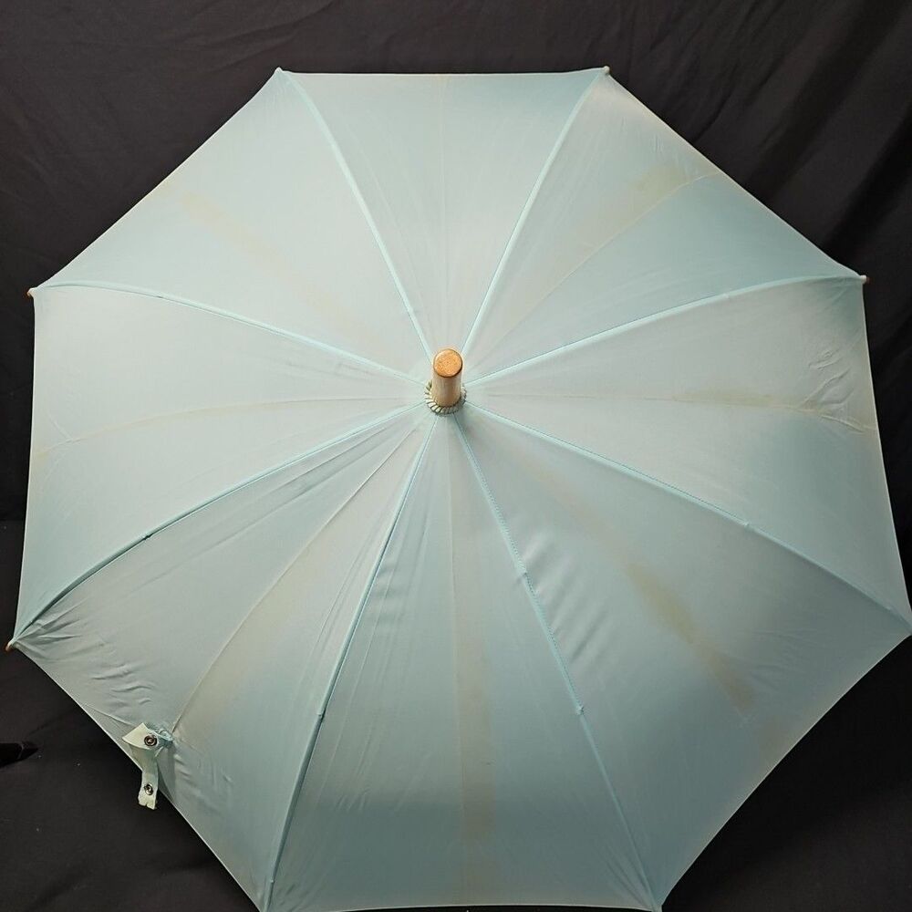 Vintage Blue Umbrella Wooden Handle Rn#58016